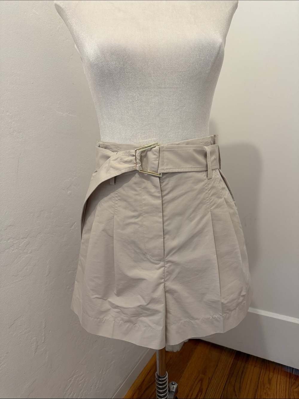 3.1 Phillip Lim Cream High-Waist Shorts with Gold Rectangular Buckle